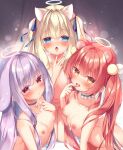  3girls aimyu animal_ears ass blonde_hair blue_eyes blush bow breasts chaloe choker commentary_request cum cum_in_mouth daten_keikaku hair_bow hair_ornament halo leluna long_hair looking_at_viewer multiple_girls navel nipples nude open_mouth pom_pom_(clothes) pom_pom_hair_ornament purple_hair red_eyes sazaki_ichiri small_breasts smile tongue tongue_out twintails yellow_eyes 