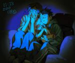  2boys ^^^ arms_up azumane_asahi blue_pants chewing couch covering_face crew_neck dated eating food haikyuu!! hair_slicked_back highres hood hood_down hoodie knees_up male_focus multicolored_hair multiple_boys nikoi514 nishinoya_yuu one_eye_covered pants scared shirt side-by-side sitting streaked_hair striped_clothes striped_pants t-shirt wide-eyed 