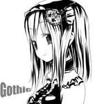  bare_shoulders center_frills collar english fantasy_earth_zero frills gothic greyscale hair_ornament hairpin looking_at_viewer monochrome short_hair simple_background solo tank_(artist) text_focus upper_body white_background 