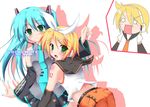  2girls arm_warmers bent_over blonde_hair blue_hair blue_nails chibi chibi_inset green_eyes hairband hatsune_miku headphones kagamine_len kagamine_rin long_hair looking_at_viewer looking_back microphone multiple_girls nail_polish necktie sailor_collar short_hair shorts skirt sleeveless twintails very_long_hair vocaloid yoshiharu 