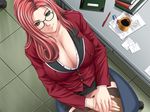  breasts business_suit chair cleavage cleavage_(game) desk dutch_angle formal game_cg glasses green_eyes huge_breasts ichinose_sayaka jacket long_hair miniskirt office pencil_skirt red_hair sei_shoujo sitting skirt skirt_suit smile solo suit teacher thighhighs zettai_ryouiki 