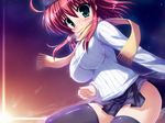  breasts copyright_request green_eyes huge_breasts red_hair ribbed_sweater solo sweater takeponi thighhighs zettai_ryouiki 