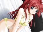  bra breasts cleavage game_cg green_eyes kinmedai_pink lingerie long_hair medium_breasts panties red_hair seduce_(eroge) shy solo underwear underwear_only yellow_bra yellow_panties 