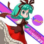  dress from_behind front_ponytail green_eyes green_hair kagiyama_hina looking_at_viewer looking_back number puffy_short_sleeves puffy_sleeves red_dress short_sleeves simple_background solo standing tao_(kadoya) text_focus touhou white_background 