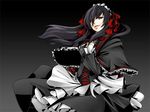  april_(coyote_ragtime_show) black_background black_hair coyote_ragtime_show dress frills gothic gradient gradient_background grey_background hair_ribbon hands_on_own_chest long_hair mudo_(saji) red_eyes ribbon simple_background smirk solo standing 