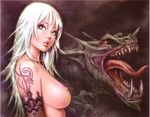  breasts copyright_request dragon fangs fantasy green_eyes highres large_breasts lips lipstick long_hair looking_back makeup mole mole_under_mouth nipples nude open_mouth solo tattoo teeth tongue upper_body white_hair yamashita_shun'ya 