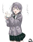  1girl absurdres bang_dream! bang_dream!_it's_mygo!!!!! blush closed_eyes commentary diagonal-striped_clothes diagonal-striped_necktie green_necktie green_skirt grey_hair grey_jacket haneoka_school_uniform highres jacket long_sleeves necktie open_mouth peke_(pekeiscat) plaid_clothes plaid_skirt pleated_skirt school_uniform short_hair simple_background skirt solo striped_clothes takamatsu_tomori translation_request white_background 