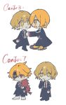  1boy 1girl akasasachii barefoot black_coat black_pants blonde_hair boots cape chibi coat don_quixote_(project_moon) full_body highres limbus_company open_mouth pants project_moon red_cape red_eyes sancho_(project_moon) simple_background sinclair_(project_moon) white_background yellow_eyes yellow_footwear 