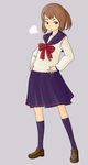  blue_legwear blue_sailor_collar bow bowtie breath brown_hair diode_(0_division) full_body grey_background hands_on_hips kneehighs legs_apart loafers long_sleeves neckerchief original ponytail red_bow red_neckwear sailor_collar school_uniform serafuku shirt shoes simple_background solo standing white_shirt 