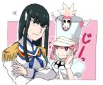  black_hair blue_eyes blush conductor_baton epaulettes hat heart heart-shaped_pupils hime_cut jakuzure_nonon kill_la_kill kiryuuin_satsuki long_hair long_sleeves looking_at_another looking_at_viewer moti_sirann3 pink_eyes pink_hair shako_cap sweatdrop symbol-shaped_pupils thick_eyebrows translation_request yuri 