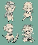  :d \o/ ^_^ apron aqua_background arms_up between_fingers braid chibi chinese_clothes closed_eyes hair_bobbles hair_ornament hat hong_meiling izayoi_sakuya knife maid maid_headdress monochrome multiple_girls onozuka_komachi open_mouth outstretched_arms scythe shiki_eiki side_braid smile takitarou touhou twin_braids two_side_up 