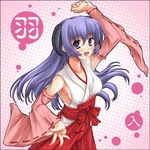  breasts detached_sleeves hakama hanyuu higurashi_no_naku_koro_ni horns japanese_clothes large_breasts miko miyai_sen no_bra purple_eyes purple_hair red_hakama sideboob solo 