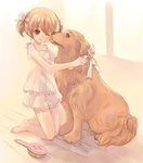  blonde_hair child dog hair_brush kuga_tsukasa licking original red_eyes ribbon short_hair short_twintails solo twintails 