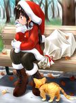  bench black_legwear cat christmas leaf original pantyhose santa_costume zan_nekotama 