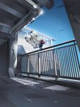  animal_focus apartment balcony blue_sky bug butterfly butterfree day full_body highres matwvv outdoors pokemon pokemon_(creature) railing scenery sky solo 