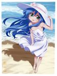  bare_shoulders beach blue_hair day dress flat_chest flower green_eyes hat izumi_kanata kotobuki_hajime long_hair lucky_star ocean ribbon solo sun_hat 