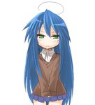  ahoge artist_request blue_hair blush closed_mouth expressionless green_eyes izumi_konata long_hair looking_at_viewer lucky_star miniskirt own_hands_together pleated_skirt simple_background skirt sleeves_past_wrists solo sweater very_long_hair white_background 