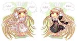  arms_up artist_request black_dress brown_legwear chibi chii chobits dress freya_(chobits) full_body kneeling long_hair long_sleeves looking_up multiple_girls simple_background symmetrical_pose thighhighs very_long_hair white_background white_dress zettai_ryouiki 