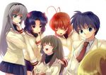  4girls :d clannad closed_eyes furukawa_nagisa hair_bobbles hair_ornament hairband hikarizaka_private_high_school_uniform ibuki_fuuko ichinose_kotomi multiple_boys multiple_girls okazaki_tomoya open_mouth sakagami_tomoyo school_uniform serafuku smile sunohara_youhei two_side_up yonko 