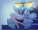  1girl artist_name breasts crimson_kaiserin dress english_commentary high_heels impossible_hair kill_la_kill kiryuuin_ragyou mature_female multicolored_hair navel off_shoulder rainbow_hair signature sitting sitting_on_stairs solo stairs thick_eyebrows white_dress 