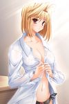  arcueid_brunestud blonde_hair breasts covered_nipples large_breasts miyai_sen no_bra open_clothes open_shirt panties red_eyes shirt short_hair solo tsukihime underwear undressing 