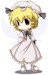  bangs blonde_hair blush chibi dress drill_hair eyebrows_visible_through_hair fairy_wings frilled_dress frills full_body hair_between_eyes hat hat_ribbon looking_at_viewer luna_child mob_cap r_pascal ribbon shoes simple_background solo standing touhou white_background white_dress white_footwear white_legwear wings 