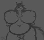 anthro areola belly big_breasts breasts canid canine canis eyewear female glasses gravvure hi_res horn huge_breasts inverted_nipples looking_at_viewer mammal nipples pubes puffy_areola sketch smile smiling_at_viewer solo wolf