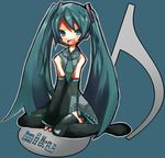  boots detached_sleeves green_eyes green_hair hamamo hatsune_miku headphones long_hair lowres miniskirt necktie simple_background sitting skirt solo thigh_boots thighhighs twintails very_long_hair vocaloid zettai_ryouiki 