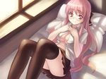  breasts cleavage glasses large_breasts long_hair no_bra open_clothes open_shirt original oryou pink_eyes pink_hair shirt solo thighhighs zettai_ryouiki 