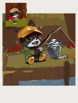  1other baseball_cap black_eyes border bucket cattail fang fish fishing_rod furry green_jacket hat highres holding holding_fishing_rod hood hood_down jacket matwvv open_mouth plant saliva sitting skin_fang solo sparkle webfishing white_border yellow_footwear 