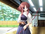  archery archery_dojo arm_guards arrow blue_eyes blue_hakama bow_(weapon) brown_hair flat_chest game_cg gayarou gloves hakama indoors japanese_clothes jewelry kyuudou long_hair miyashiro_karin muneate partly_fingerless_gloves ponytail ring shirt single_glove skirt solo suigetsu weapon yugake 