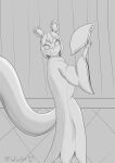 absurd_res anthro asian_clothing big_tail clothing east_asian_clothing eyeliner female fluxfoxart glistening glistening_eyes greyscale greyscale_background hair hand_fan hi_res japanese_clothing kiki_the_cyber_squirrel kimono krita_(copyright) looking_at_viewer makeup mammal monochrome robot_anthro rodent sciurid shaded short_hair signature simple_background sketch solo tablet_pen tail tree_squirrel