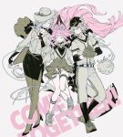  1boy 2girls arknights baseball_cap catcher_(baseball) closed_eyes english_text ermengarde_(arknights) full_body hat highres horns long_hair mitm_(arknights) monochrome multiple_girls nymph_(arknights) open_clothes open_mouth pencil_skirt pom_pom_(cheerleading) shirt skirt smile thigh_strap yuji_(fantasia) 