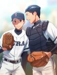  2boys baseball_cap baseball_helmet baseball_jersey baseball_mitt baseball_uniform belt belt_buckle black_belt black_undershirt blue_hat blurry blurry_background brown_eyes brown_hair buckle catcher's_mask catcher_(baseball) chest_protector closed_mouth compression_shirt dirty dirty_clothes hat helmet jersey male_focus multiple_boys open_mouth original pants shirt shirt_under_shirt short_hair sportswear tettabuzz white_pants white_shirt 
