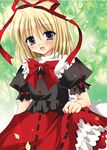  bangs blonde_hair blue_eyes blush eyebrows_visible_through_hair frilled_skirt frills hair_ribbon kirishima_riona looking_at_viewer medicine_melancholy open_mouth outdoors petals puffy_short_sleeves puffy_sleeves red_ribbon red_skirt ribbon short_sleeves skirt smile solo touhou 