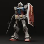  3d absurdres beam_rifle blender_(medium) earth_federation energy_gun english_commentary glowing glowing_eyes gundam highres machinery mecha mecha_focus mjeff mobile_suit mobile_suit_gundam no_humans realistic robot roundel rx-78-2 science_fiction shadow shield v-fin weapon yellow_eyes 