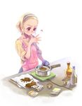  apron blonde_hair chocolate chocolate_making cooking forehead hairband original pot purple_eyes sleeves_rolled_up solo weno weno's_blonde_original_character 