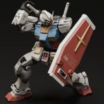  3d absurdres blender_(medium) cross earth_federation emblem english_commentary gradient_background gundam highres kneeling machinery mecha mecha_focus mjeff mobile_suit mobile_suit_gundam no_humans realistic robot roundel rx-78-2 science_fiction shadow shield 