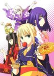  artoria_pendragon_(all) fate/stay_night fate_(series) food fujimura_taiga highres illyasviel_von_einzbern japanese_clothes kimono matou_sakura mouth_hold multiple_girls saber takeuchi_takashi toosaka_rin yukata 