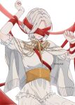  1girl artist_name blush breasts dark_souls_(series) dark_souls_i dark_sun_gwyndolin detached_sleeves dress genderswap genderswap_(mtf) grey_dress grey_hair hands_up highres medium_breasts no_headwear red_ribbon ribbon short_hair short_sleeves solo susukeya sweatdrop teeth 