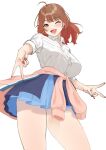  1girl ;d ahoge bare_legs blue_overskirt blue_skirt blush breasts brown_hair cardigan cardigan_around_waist clothes_around_waist double_v earrings fingernails gakuen_idolmaster gyaru gyaru_v hanami_ume hatsuboshi_gakuen_school_uniform highres hoop_earrings idolmaster jewelry kogal large_breasts looking_at_viewer medium_hair nail_polish one_eye_closed pink_cardigan pleated_skirt school_uniform shinonome_shake shirt simple_background skirt smile solo thighs v white_background white_shirt 