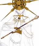  1boy capelet covered_eyes cowboy_shot dark_souls_(series) dark_souls_i dark_sun_gwyndolin dress frilled_capelet frilled_dress frills gold_headwear gold_necklace grey_hair highres holding holding_staff jewelry necklace okaka_(ryuuketsu_san) short_hair simple_background solo spiked_helmet staff teeth white_background white_capelet white_dress 