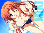  bent_over blue_eyes breasts cleavage copyright_request hair_ribbon kikurage_(plastic_people) large_breasts long_hair one_eye_closed orange_hair ribbon solo swimsuit undressing wet 