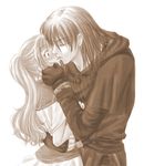  1girl artist_request blush brown clarine couple fire_emblem fire_emblem:_fuuin_no_tsurugi hetero hug kiss lowres monochrome rutgar surprised 