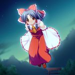  ascot bare_shoulders black_hair bow detached_sleeves flying hair_bow hair_tubes hakurei_reimu looking_at_viewer maroppe night night_sky orange_eyes red_bow red_footwear red_ribbon red_skirt ribbon ribbon-trimmed_sleeves ribbon_trim shoes sidelocks skirt sky solo star_(sky) torii touhou 