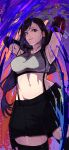  1girl absurdres armpits arms_up black_hair black_skirt black_thighhighs crop_top erupusai2 final_fantasy final_fantasy_vii grey_tank_top highres long_hair low-tied_long_hair navel red_eyes skirt smile solo suspender_skirt suspenders tank_top thighhighs tifa_lockhart 