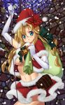  bell blonde_hair blue_eyes blush breasts christmas copyright_request elbow_gloves gloves hat holly kink long_hair looking_at_viewer medium_breasts midriff navel sack santa_costume santa_hat skirt snowing solo underboob white_gloves 