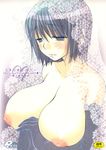  blue_hair blush breasts copyright_request cover elbow_gloves eyebrows_visible_through_hair gloves grey_eyes highres huge_breasts inomoto_rikako nipples short_hair solo topless upper_body veil 