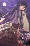  artist_request black_hair brown_eyes eyebrows floral_print full_moon hime_cut houraisan_kaguya japanese_clothes long_hair long_sleeves looking_at_viewer moon night night_sky red_skirt skirt sky solo touhou very_long_hair wide_sleeves 