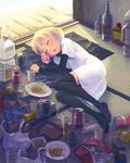  black_legwear blonde_hair bottle chopsticks closed_eyes food lowres lying no_shoes on_floor on_side original sleeping solo thighhighs weno weno's_blonde_original_character zettai_ryouiki 